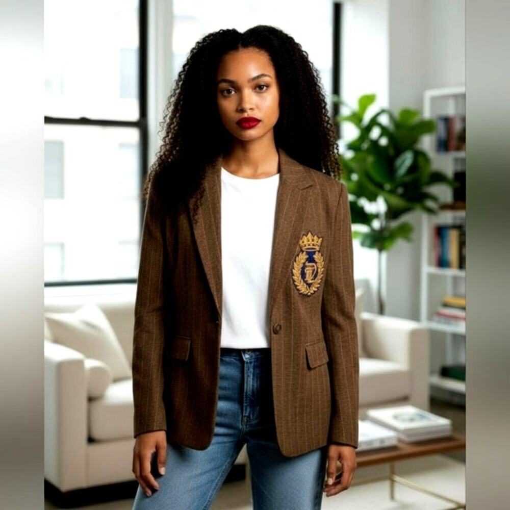 Skylar Rose Blazer Jacket Sz L Brown ICONIC Crown ROYAL PATCH Boxy Preppy Stripe